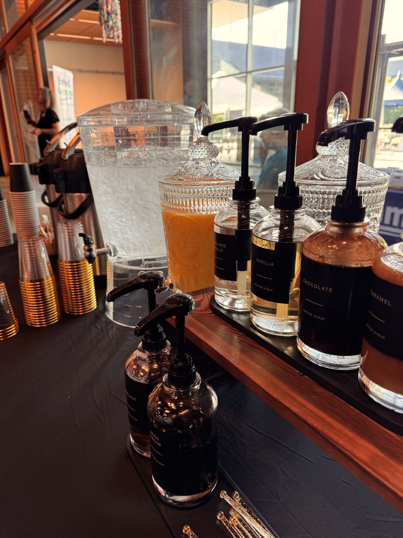 Coffee and juice station at a catered event