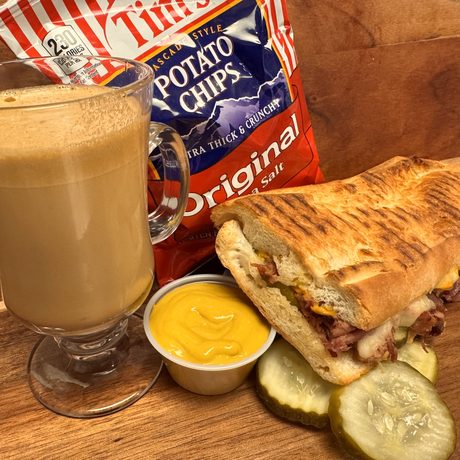 Panini with chips and a latte